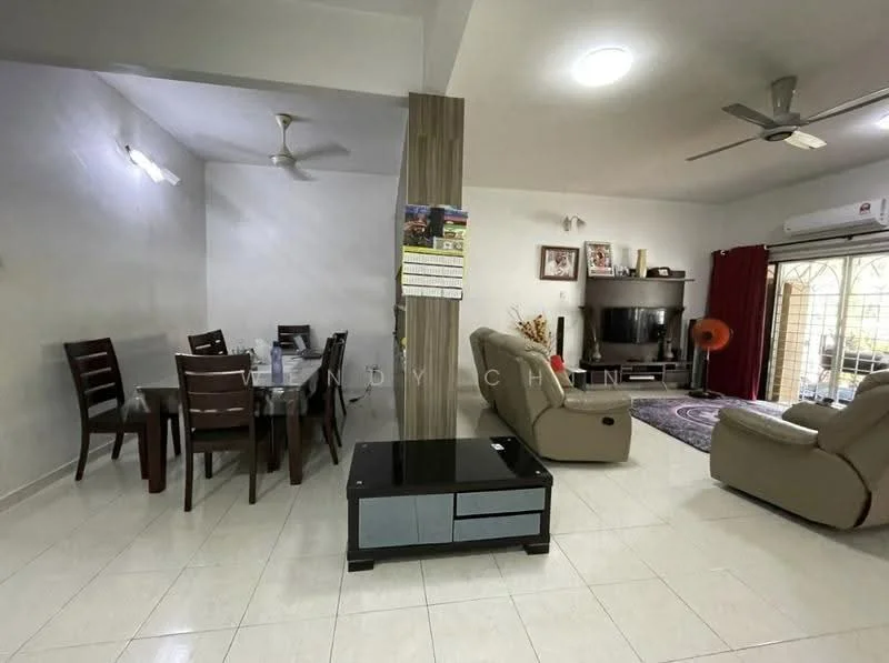 Living features: light-colored painted walls, white ceiling, 5-blade ceiling fan, recessed downlights, sofa in beige, coffee table with storage, TV console, wall-mounted TV, area rug with geometric pattern, curtains in red, floor-to-ceiling windows, decorative plant; style: contemporary. Dining features: dining table for six, wooden dining chairs, light-colored walls, white ceiling, ceiling fan, decorative wall art; style: contemporary.