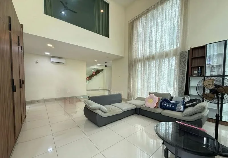 Living features: grey fabric sectional sofa, round glass coffee table, floor-to-ceiling windows with sheer curtains, white painted walls, marble tile flooring, ceiling fan, wall-mounted air conditioning unit, decorative wall shelf, staircase in background; style: modern.