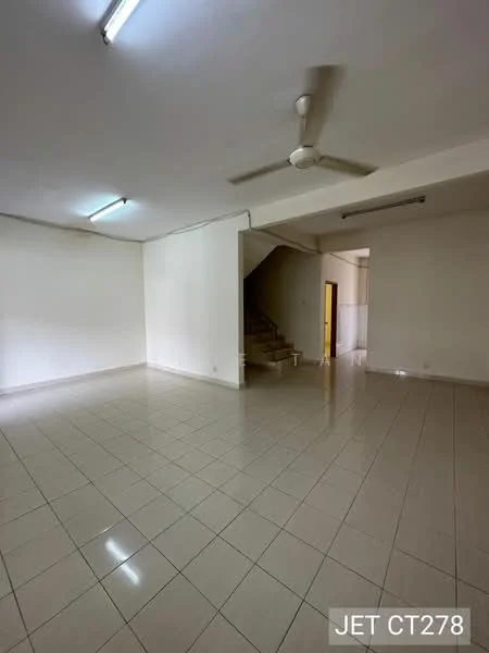 Room features: white painted walls, ceramic tile flooring, ceiling fan, staircase, fluorescent lighting, open layout, large windows, neutral color scheme; style: modern.