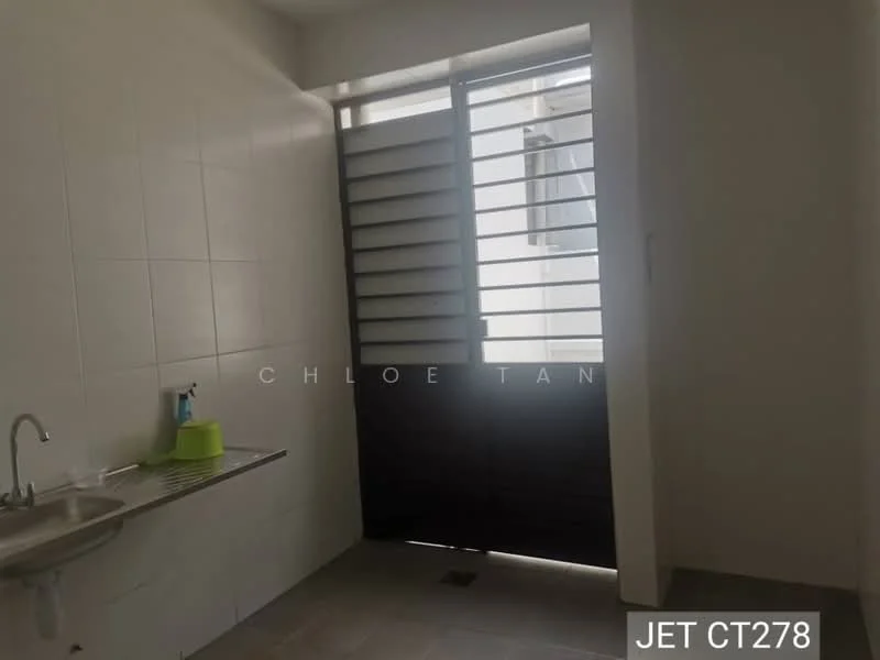 Laundry features: single-bowl stainless-steel sink, wall-mounted faucet, white tiled walls, grey tiled flooring, sliding glass door, window with horizontal slats, open space layout; style: modern.