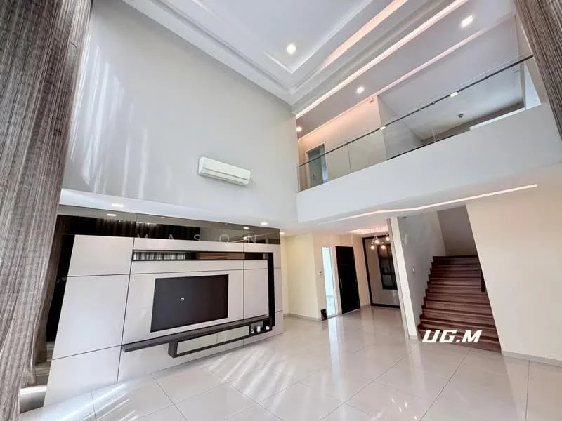 Living features: white painted walls, tray ceiling with recessed lighting, large floor-to-ceiling windows, ceramic tile flooring, wall-mounted TV, built-in entertainment unit, 1 wall-mounted split AC, staircase with wooden steps, glass railing, decorative light fixture; style: modern.