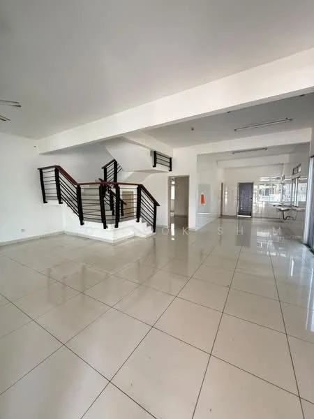 Room features: white painted walls, glossy ceramic tile flooring, staircase with wooden handrail, large windows allowing natural light, open layout, high ceiling, recessed lighting, multiple light fixtures, doorway leading to another room, empty space suitable for furniture arrangement; style: modern.