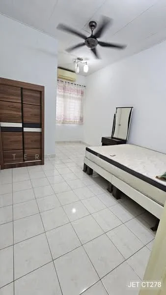 Bedroom features: white painted walls, glossy tile flooring, ceiling fan with light, window with sheer curtains, built-in wardrobe with wood finish, queen-size bed frame, mattress on bed frame, full-length mirror; style: modern.