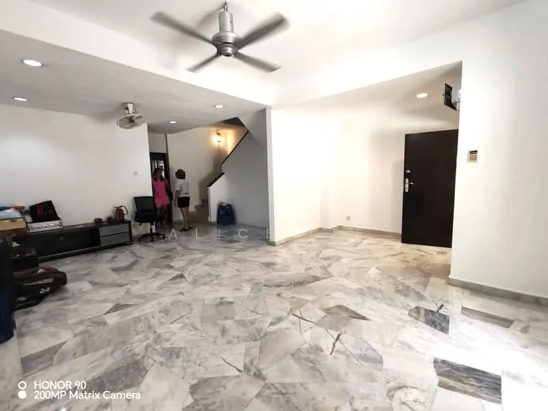 Room features: marble flooring, white painted walls, ceiling fan, recessed downlights, staircase, main entrance door, open layout, large windows; style: modern.
