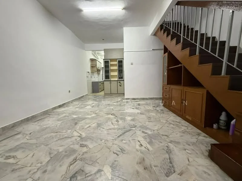 Living features: marble flooring, white painted walls, staircase with wooden steps, built-in wooden cabinetry, open layout, recessed lighting, large space for furniture arrangement, no visible windows; style: modern. Kitchen features: laminate cabinetry, countertop space, sink, appliances not visible; style: modern.
