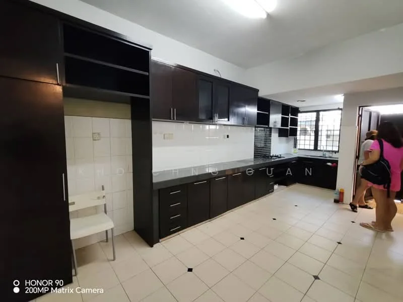 Kitchen features: black cabinetry, white tiled backsplash, white tiled walls, ceramic tile flooring, stainless-steel sink, built-in oven, 4-burner gas hob, exhaust hood, open shelving, countertop space, window for natural light, recessed lighting, dining table area; style: modern.