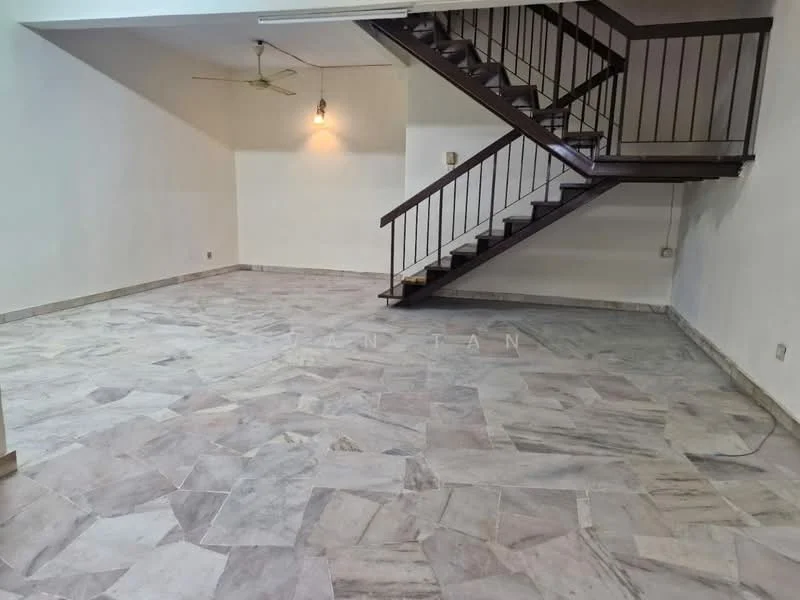Room features: marble flooring, white painted walls, ceiling fan, staircase with wooden railing, recessed lighting, open layout, high ceiling, natural light from windows; style: modern.