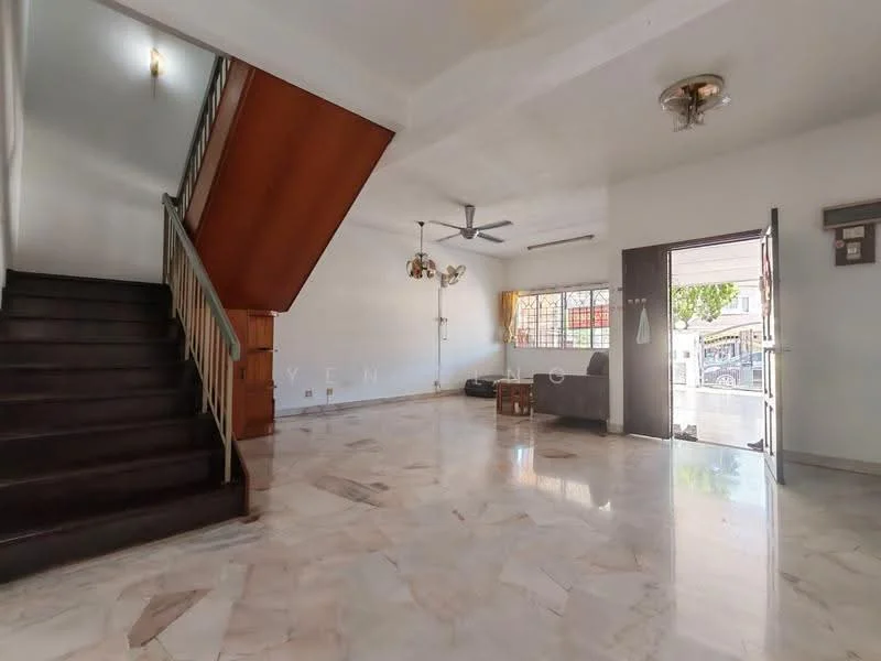 Living features: marble flooring, white painted walls, ceiling fan, wall-mounted light fixture, large windows with decorative grille, staircase with wooden railing, door leading outside, seating area with sofa; style: modern; view: garden.