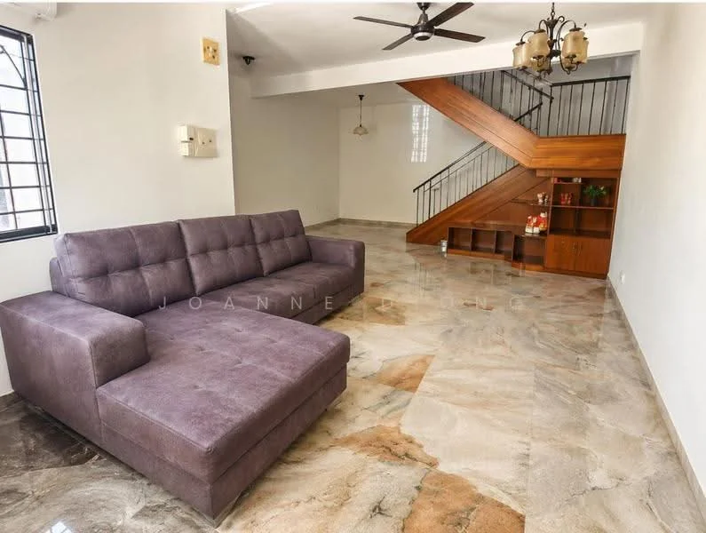 Living features: 3-seater fabric sofa in grey, marble flooring, ceiling fan, wooden staircase, built-in shelving unit, large window with black grille, neutral painted walls, decorative light fixture; style: modern.