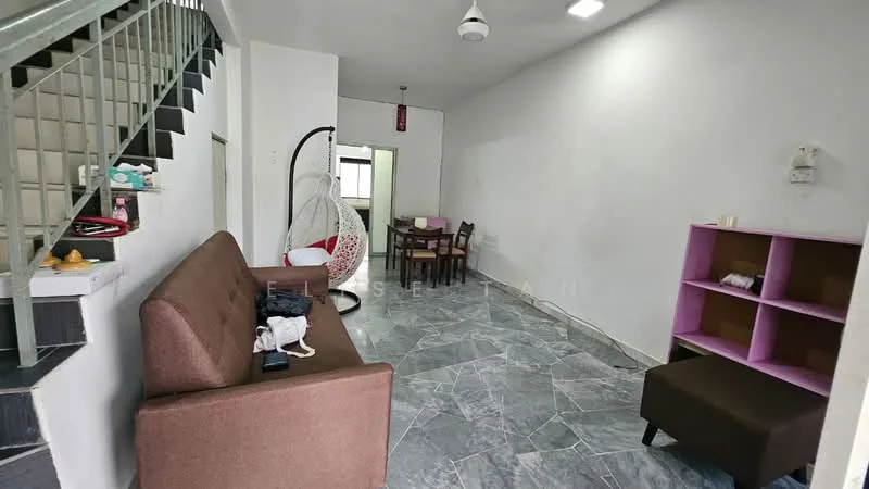 Living features: brown fabric sofa, grey marble flooring, white painted walls, ceiling light, hanging pendant light, wooden dining table with four chairs, pink shelving unit, hanging chair, staircase with metal railing; style: modern.