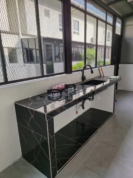 Kitchen features: black marble countertop with gold veining, single-bowl stainless-steel sink, chrome pull-down faucet, gas hob with two burners, white walls, grey tile flooring, large windows with mesh screens, open layout; style: modern.