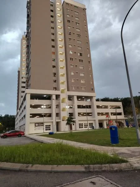 Exterior type: mid-rise condominium; features: light beige painted facade, multi-storey car park, ground-level parking, landscaped green area, paved walkway, surrounded by greenery, visible balconies, large windows, entrance with glass doors; style: modern.