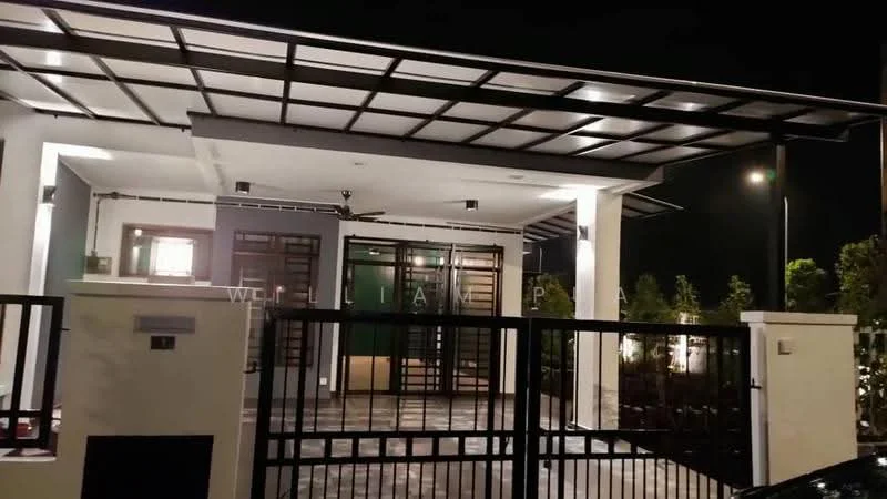 Exterior type: detached bungalow; features: flat roof with overhang, white painted facade, large windows, sliding glass door, stone-paved walkway, manicured landscaping, outdoor lighting, gated entry, modern architectural design; style: modern.
