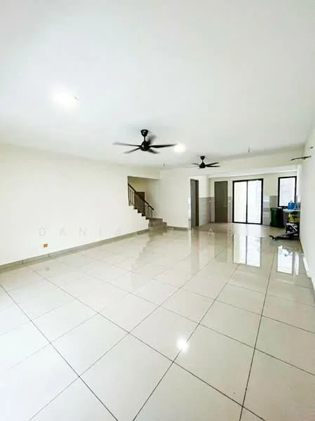 Living features: white painted walls, polished ceramic tile flooring, 2 ceiling fans, large windows, sliding glass door, staircase, open layout, recessed lighting; style: modern.