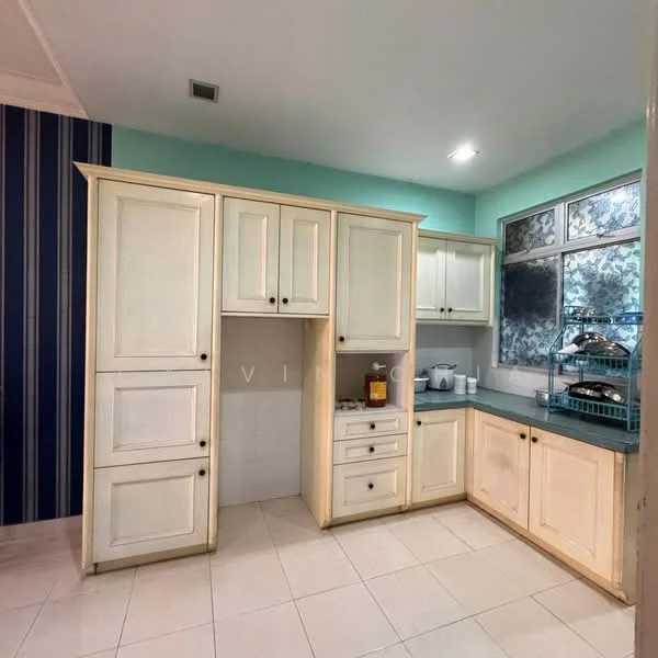 Kitchen features: white shaker cabinets, blue countertop, stainless-steel sink, chrome pull-down faucet, built-in oven, freestanding range oven, ceramic tile flooring, window with view, light blue painted walls, striped wallpaper, under-cabinet lighting; style: modern.