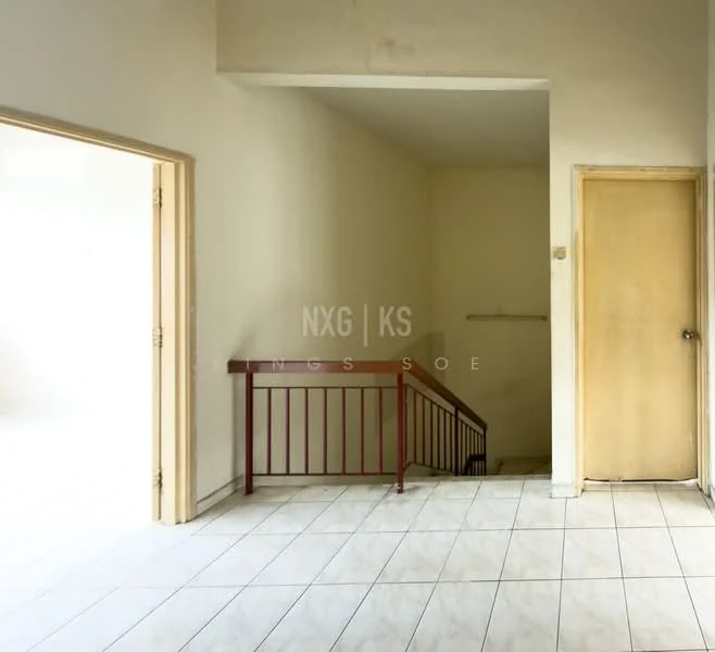 Room features: white painted walls, tiled flooring, staircase with railing, doorway leading to another room, door leading to another room, natural light from windows, high ceiling.