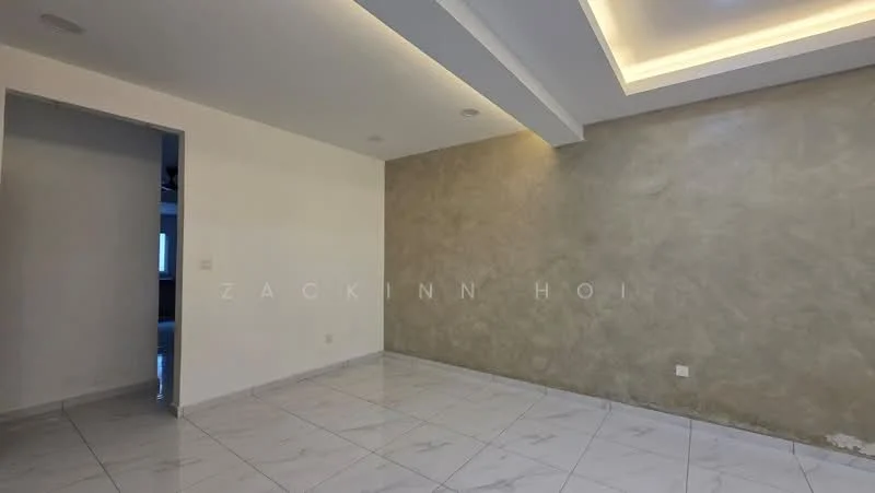 Room features: white painted walls, grey accent wall, marble tile flooring, recessed downlights, tray ceiling; style: modern.