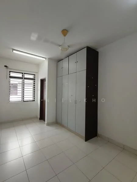 Room features: white painted walls, tile flooring, ceiling light fixture, built-in wardrobe with grey and brown cabinetry, window with horizontal slats, single ceiling fan; style: modern.