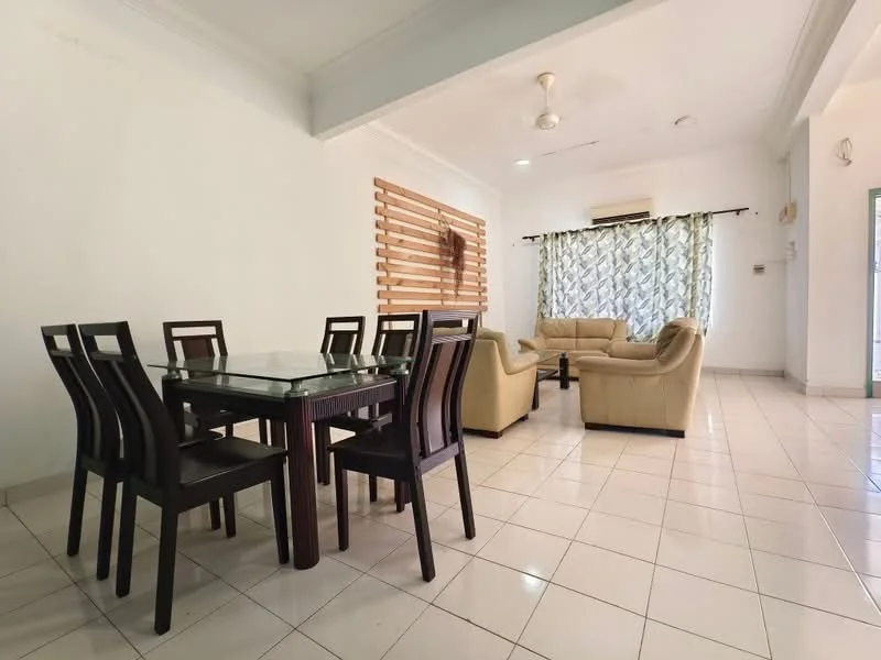 Living features: white painted walls, white ceiling, 5-blade ceiling fan, floor-to-ceiling windows with patterned curtains, cream leather sofa, glass coffee table, wooden dining table with glass top, 6 wooden dining chairs, tile flooring, decorative wooden wall panel; style: modern.