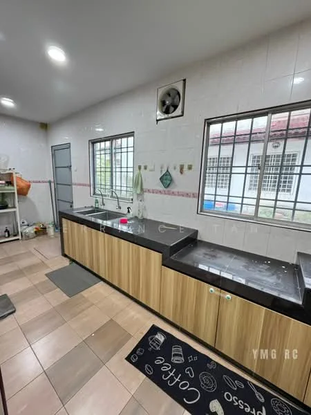 Kitchen features: black granite countertop, wood cabinetry, single-bowl stainless-steel sink, chrome pull-down faucet, tile backsplash, ceramic tile flooring, wall-mounted exhaust fan, window with metal grille, recessed LED downlights, open shelving, decorative rug with coffee design; style: modern.