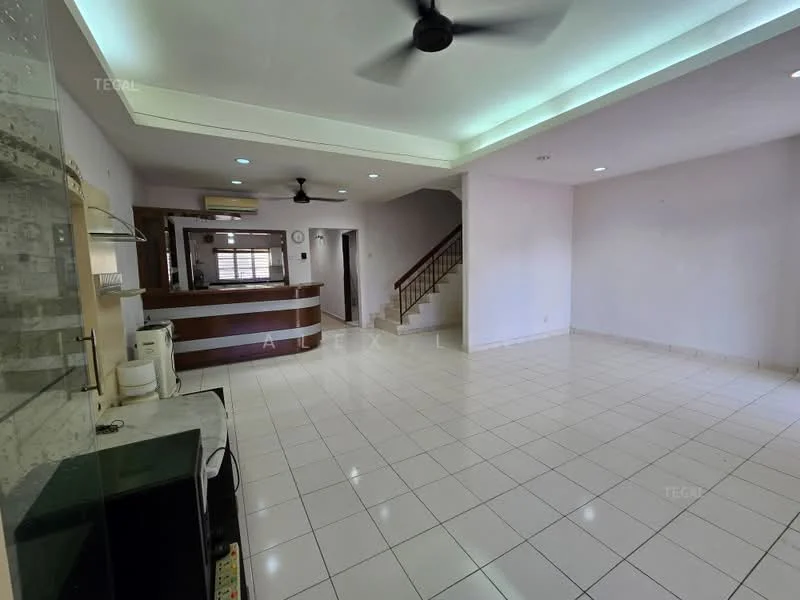 Living features: white painted walls, glossy white tile flooring, recessed LED downlights, 5-blade ceiling fan, open layout, large windows for natural light, staircase leading to upper floor, built-in cabinetry, bar counter area, air conditioning unit; style: modern.