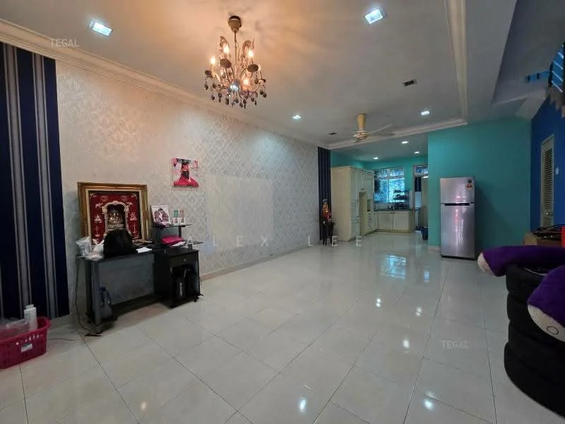 Living features: white painted walls, blue accent wall, glossy tile flooring, chandelier, 5-blade ceiling fan, large windows, refrigerator, sofa with purple upholstery, decorative wall art, console table, basket for storage; style: modern.