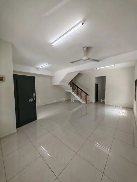 Room features: white painted walls, glossy ceramic tile flooring, ceiling with fluorescent lighting, 5-blade ceiling fan, staircase with wooden railing, door to the left, door to the right, open layout; style: modern.