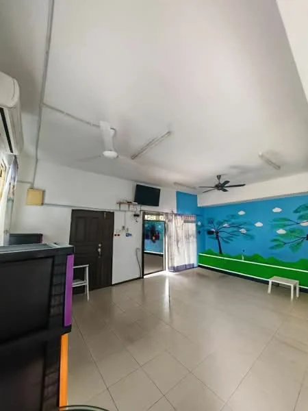 Room features: white painted walls, blue accent wall with tree mural, tile flooring, ceiling fan, wall-mounted TV, air conditioning unit, curtains, double-door entrance, light fixtures, open layout; style: modern; view: garden.