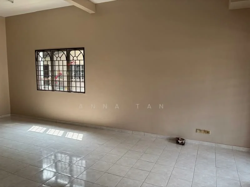 Room features: cream painted walls, white tiled flooring, grill window, natural light from window, no visible furniture, empty space.