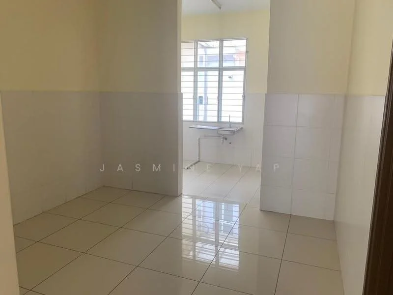 Room features: white painted walls, cream painted walls, glossy ceramic tile flooring, large window with horizontal bars, sink with faucet, neutral color scheme, bright natural light; style: minimalist.