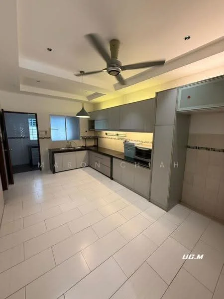 Kitchen features: white cabinetry with flat-panel design, grey countertop, stainless-steel sink, chrome pull-down faucet, built-in oven, freestanding range oven, ceramic tile flooring, recessed downlights, 5-blade ceiling fan, pendant light, wall-mounted cabinets, tile backsplash, open shelving, window for natural light; style: modern.