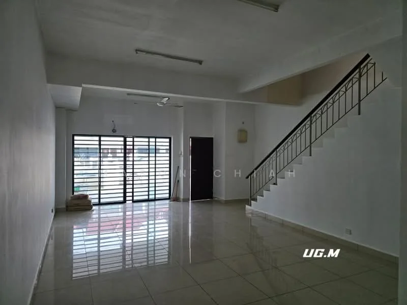 Room features: white painted walls, polished ceramic tile flooring, ceiling with fluorescent lights, sliding glass door, window with horizontal slats, staircase with metal railing, 1 ceiling fan, open layout; style: modern.