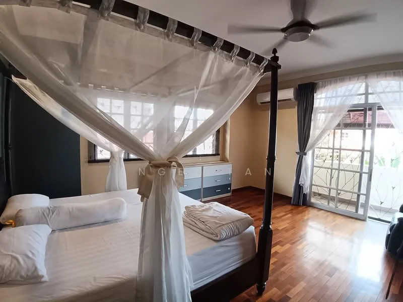 Bedroom features: four-poster bed with canopy, white bedding, wooden flooring, ceiling fan, built-in wardrobe with drawers, large window with sheer curtains, sliding glass door leading to balcony, balcony view of greenery; style: modern; view: garden.