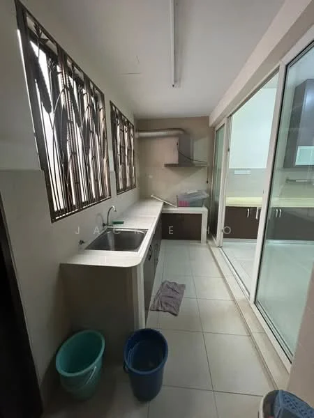 Kitchen features: single-bowl stainless-steel sink, chrome pull-down faucet, granite countertop, white cabinetry, built-in oven, ceramic tile flooring, wall-mounted range hood, sliding glass door, window with decorative bars, light fixture, buckets for cleaning, grey dish towel; style: modern.