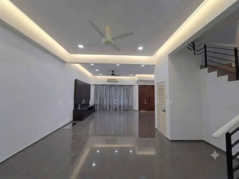Living features: white painted walls, polished marble flooring, 5-blade ceiling fan with light, recessed LED downlights, wall-mounted TV console, curtains, staircase with metal railing, open layout; style: modern.