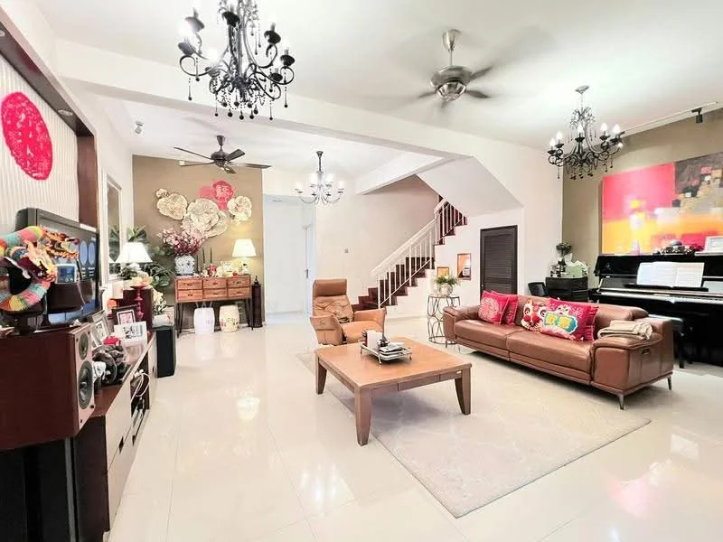 Living features: cream painted walls, white ceiling with recessed downlights, 5-blade ceiling fan with light, chandelier, 3-seater leather sofa in brown, coffee table in wood, area rug with geometric pattern, wall-mounted TV, entertainment unit, decorative wall art, piano, decorative plants, side table with lamp, framed artwork, wall clock; style: modern.