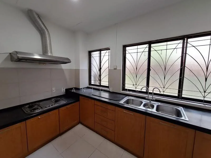 Kitchen features: stainless-steel range hood, double-bowl stainless-steel sink, chrome pull-out faucet, black granite countertop, wood cabinetry with brown finish, ceramic tile backsplash, built-in gas hob with two burners, white tiled walls, white tiled flooring, two windows with decorative grills; style: modern.