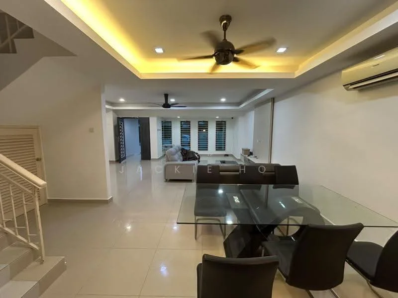 Living features: white painted walls, glossy tile flooring, recessed ceiling with LED lighting, 5-blade ceiling fan, wall-mounted air conditioning unit, large windows with blinds, sofa set, glass dining table with black chairs; style: modern.