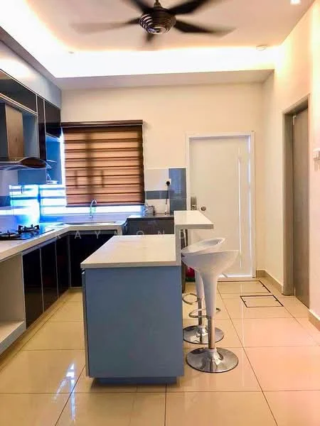 Kitchen features: white cabinets, black countertop, stainless-steel sink, chrome pull-down faucet, built-in gas hob, exhaust hood, bar stools, tile flooring, window with blinds, recessed lighting, pendant light, open layout, kitchen island; style: modern.