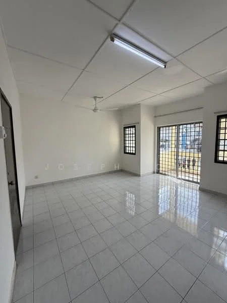 Room features: white painted walls, glossy ceramic tile flooring, ceiling with fluorescent lighting, 1 ceiling fan, floor-to-ceiling windows, black window grills, view of outdoor area; style: modern; view: city.