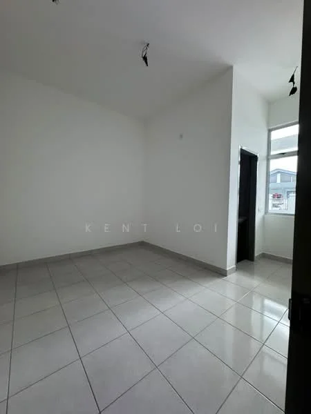 Room features: white painted walls, tile flooring, large window, door, ceiling lights.