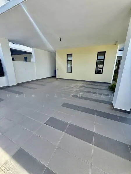 Room features: grey tiled flooring, white painted walls, two vertical windows, overhead ceiling light, open space layout, corner plant area; style: modern.