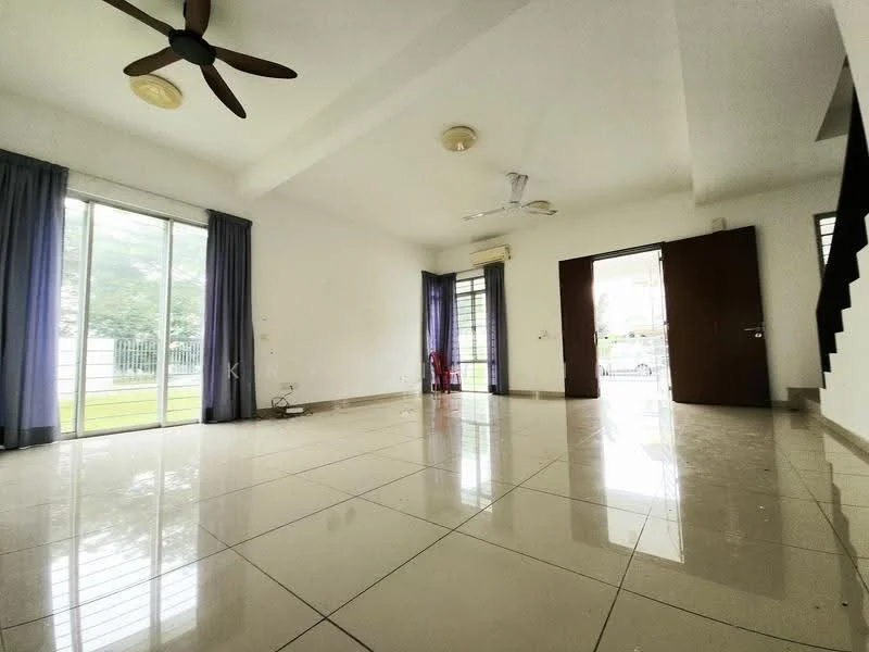 Living features: white painted walls, polished tile flooring, 5-blade ceiling fan, 2 ceiling lights, floor-to-ceiling windows, sliding glass door, curtains, open layout, door leading outside, staircase visible; style: modern; view: garden.