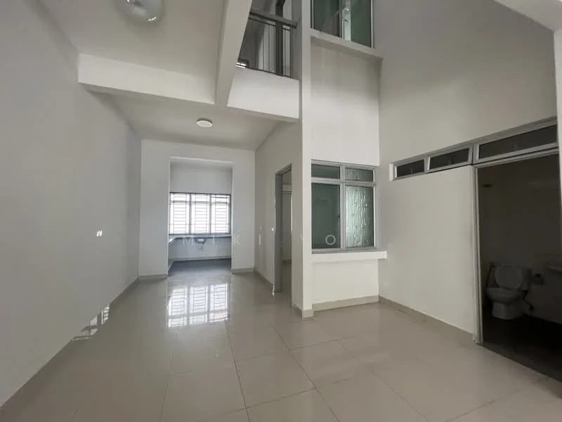 Room features: white painted walls, tile flooring, large windows, natural light, high ceiling, open layout, glass partition, doorway to bathroom; style: modern.