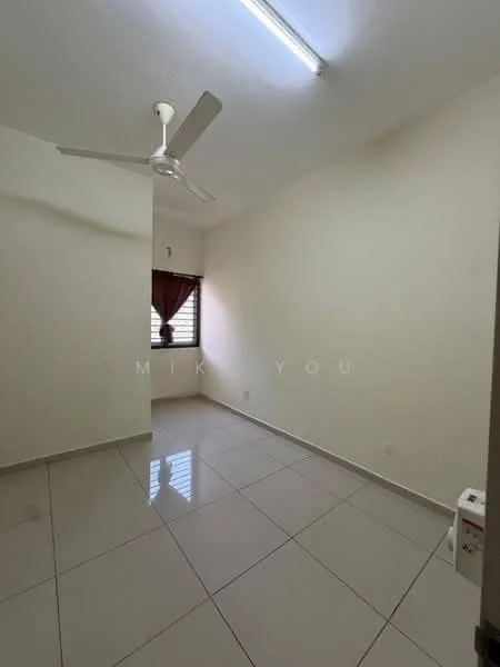 Room features: white painted walls, glossy ceramic tile flooring, ceiling fan, window with brown curtain, single light fixture, corner wall, no visible furniture, neutral color scheme.