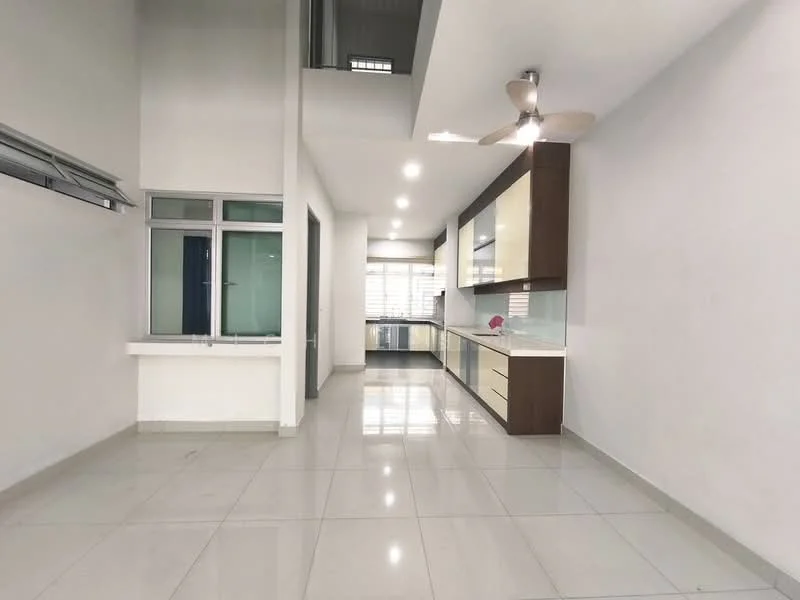 Kitchen features: white painted walls, grey tiled flooring, ceiling fan, recessed downlights, kitchen cabinets with glossy finish, countertop with integrated sink, built-in oven, stainless-steel fridge, large window for natural light, open layout, space for dining area, modern cabinetry; style: modern.