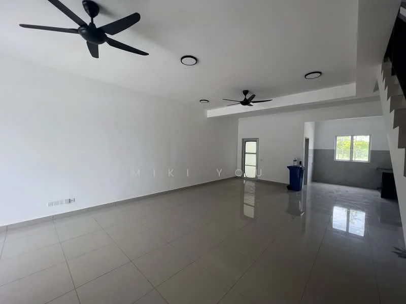Living features: white painted walls, polished ceramic tile flooring, 2 ceiling fans, recessed downlights, large windows, open layout, corner staircase, door leading to outdoor area; style: modern. Room features: grey tiled flooring, white walls, window with natural light.
