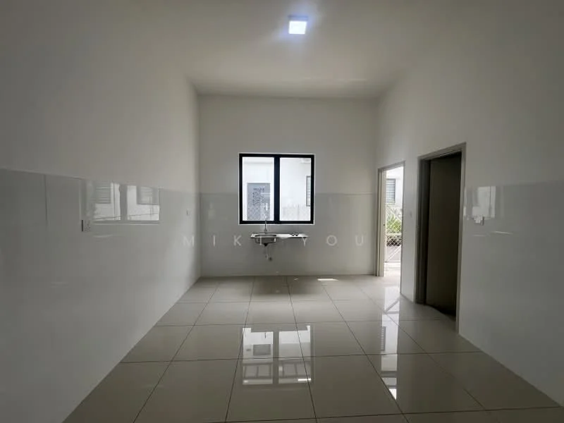 Room features: white painted walls, glossy tile flooring, single-bowl sink, window with black frame, door leading to another room, LED ceiling light, no visible furniture, neutral color scheme; style: modern.