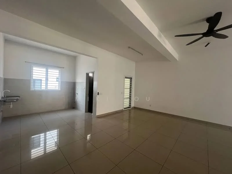 Room features: white painted walls, glossy ceramic tile flooring, 5-blade ceiling fan, window with horizontal slats, kitchen sink, door leading outside, open layout, natural light from window; style: modern.