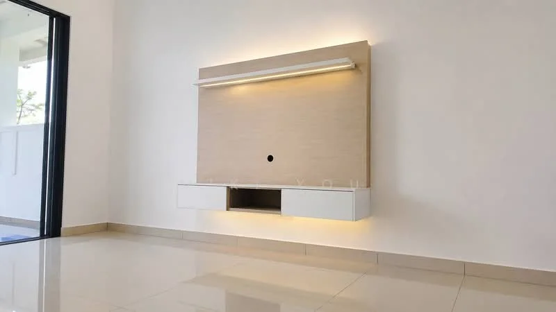 Living features: white painted walls, glossy ceramic tile flooring, built-in wall-mounted TV unit, light wood paneling on TV unit, white cabinetry below TV unit, recessed lighting above TV unit, neutral color scheme, large glass sliding door, natural light from sliding door; style: modern.